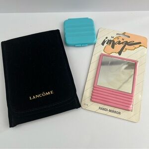 Vintage 80s 90s beauty set compact mirror and Lancôme velvet makeup brush holder